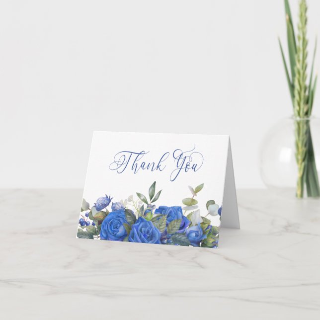 Blaue Rose und Eukalyptus Elegante Kalligrafie Dankeskarte (Vorderseite)