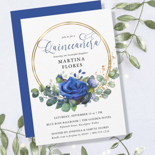 Blaue Rose und Eukalyptus Elegantes Quinceanera Einladung (Von Creator hochgeladen)