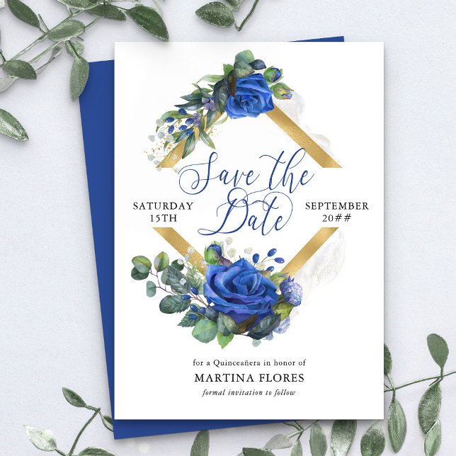 Blaue Rose und Eukalyptus Elegantes Quinceanera Save The Date (Chic Save the Date from my Rose and Eucalyptus Quinceanera collection)