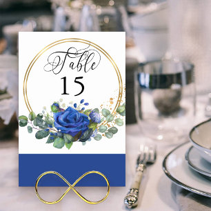 Blaue Rose und Eukalyptus Goldrahmen Tischnummer