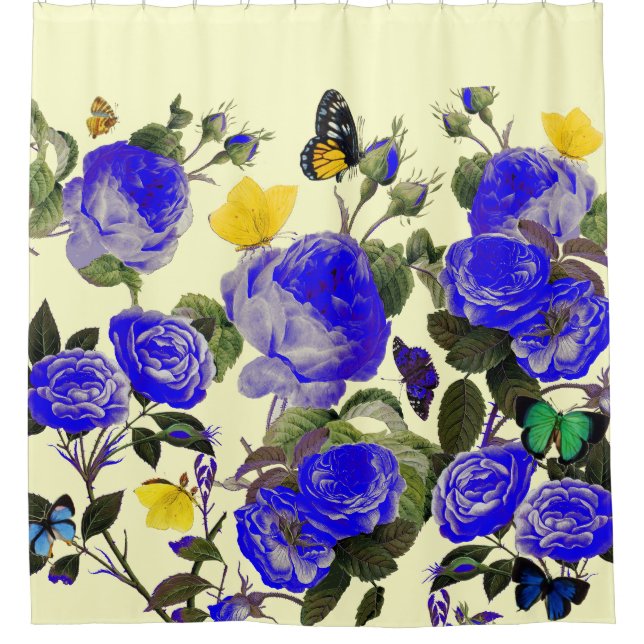BLAUE ROSE UND GELBE SCHALTFLÄDEN Weiß Duschvorhang (Vorderseite)