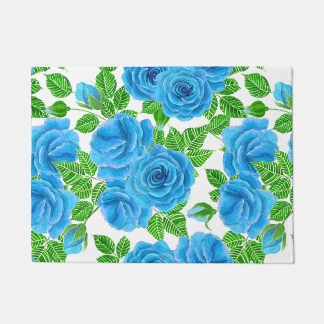 Blaue Rose Wasserfarbenmuster Fußmatte (Vorderseite)