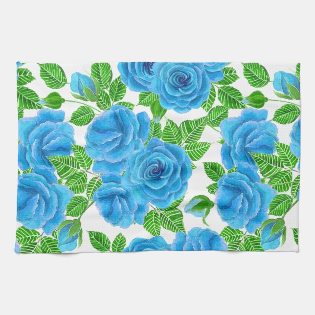 Blaue Rose Wasserfarbenmuster Handtuch (Horizontal)