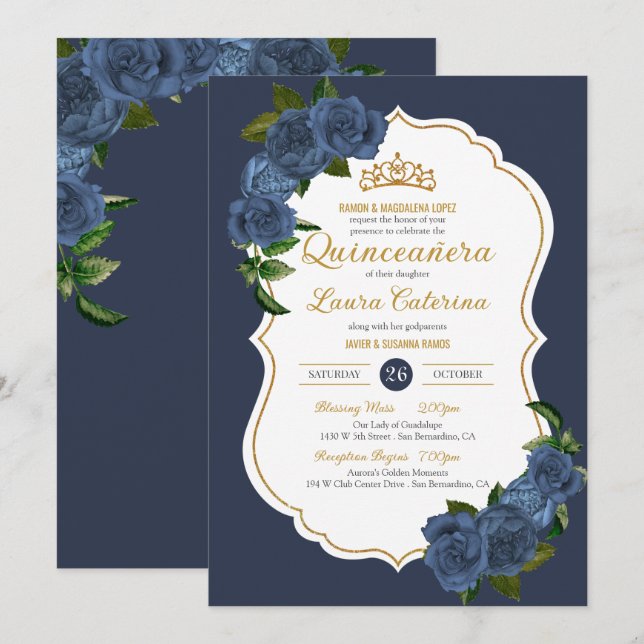 Blaue Rose Weiß und Gold Elegantes Quinceanera Einladung (Vorne/Hinten)