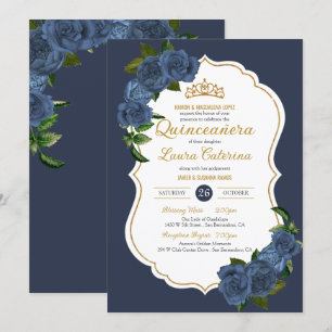 Blaue Rose Weiß und Gold Elegantes Quinceanera Einladung