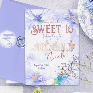 Blaue, Roségoldene Sweet 16 Wildblumen-Buchstaben Folieneinladung