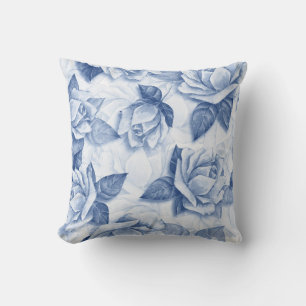 Blaue Rosen-Aquarell - Elegante Blumendekoration Kissen