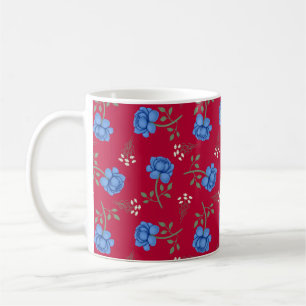 Blaue Rosen auf rotem übergroßen Kattun Kaffeetasse