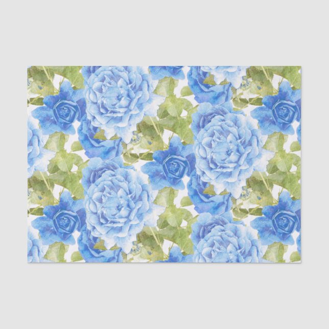 Blaue Rosen-Blumenmuster Seidenpapier (Vorderseite)