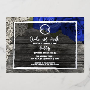Blaue Rosen Holz & Spitze Elegante Rustikale Hochz Folieneinladung