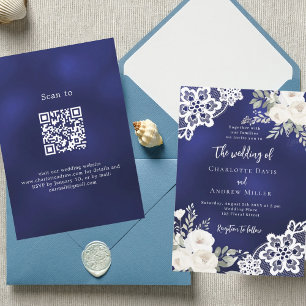 Blaue Rosen in Navy QR-Code Hochzeit Einladung