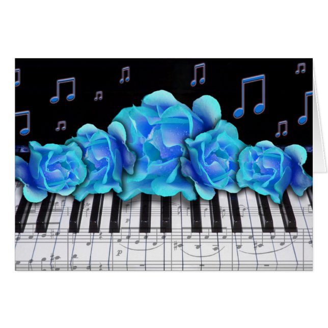 Blaue Rosen-Klavier-Tastatur und Musiknoten (Vorderseite (Horizontal))