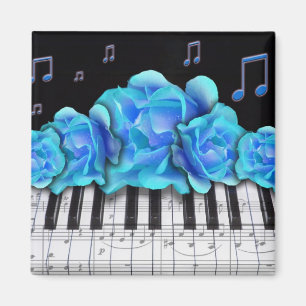 Blaue Rosen-Klavier-Tastatur und Musiknoten Magnet