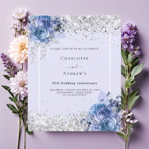 Blaue Rosen Lavendel Silber 25. Hochzeitseinladung