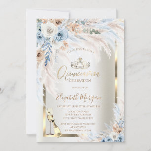 Blaue Rosen Pampas Gras Quinceanera Glasflasche Einladung
