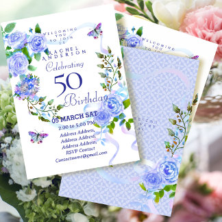 Blaue Rosen-Schleife 50. Geburtstagseinladung Einladung