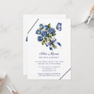 Blaue Rosen Schmetterling Silber Brunch & Bubbly Einladung