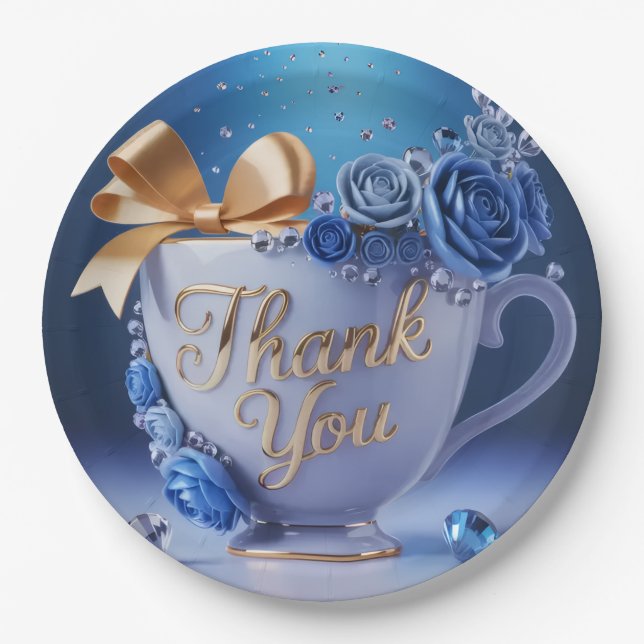 Blaue Rosen-Tasse, Danke, Pappteller (Vorderseite)