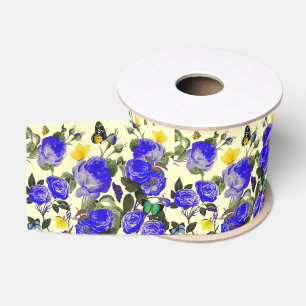 BLAUE ROSEN UND GELBE SCHMETTERLINGE Weiß Ripsband