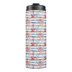 Blaue rote Anker Blumen Streifen Strand Thermosbecher