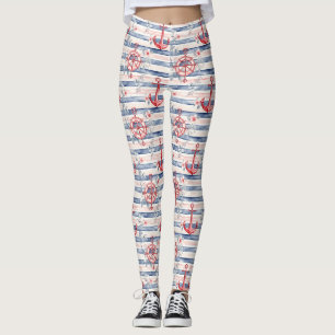 Blaue rote Anker Blumenstreifen Strand Leggings