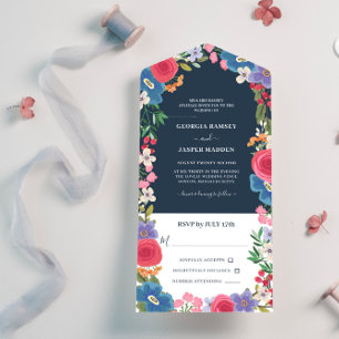 Blaue rote Blumen Navy Florale Hochzeit All In One Einladung