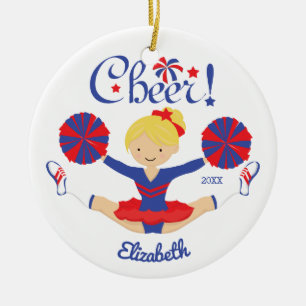 Blaue rote Cheerleaderin personalisiert Keramikornament