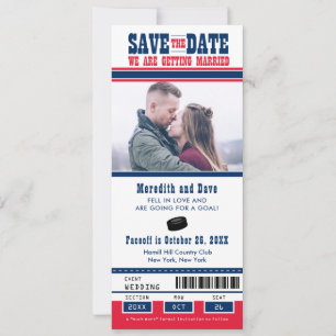 Blaue rote Hockey-Spieleintrittskarte Hochzeit Ter Save The Date