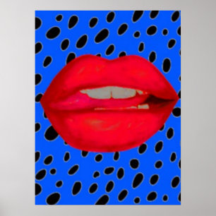 blaue rote Lippen Leopard Kunstprint Rockabilly Po Poster