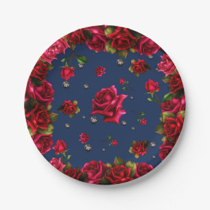 Blaue rote Rosen und Diamant-Bling Elegante Party Pappteller