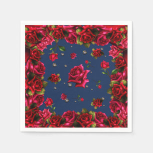Blaue rote Rosen und Diamant-Bling Elegante Party Serviette