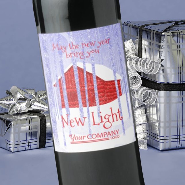 Blaue, rote Schneekabine Weihnachtsweinmarke Weinetikett (company Christmas logo wine labels, corporate holiday stickers, red blue winter snow cabin scene)