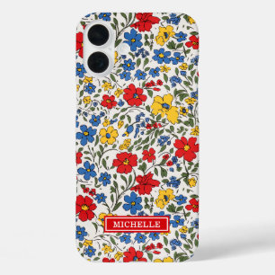 Blaue, rote und gelbe Ditsy-Blumen monogrammiert iPhone 16 Plus Hülle
