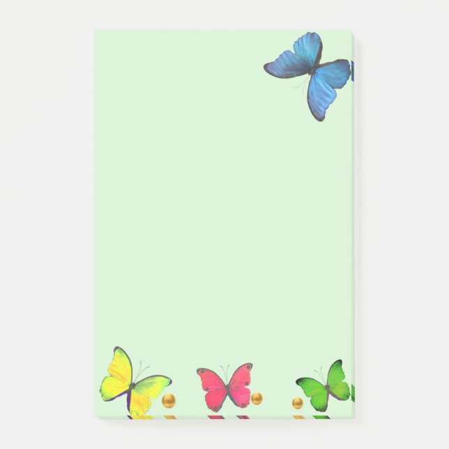 Blaue rote und gelbe Schmetterlinge auf hellgrün Post-it Klebezettel (Vorderseite)