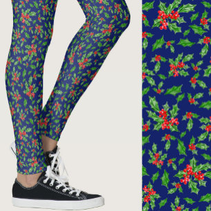 Blaue, rote und grüne Stechpalmen-Weihnachtsmuster Leggings
