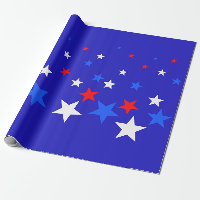 Blaue, rote und weiße Sternmuster Geschenkpapier (Ungerollt)