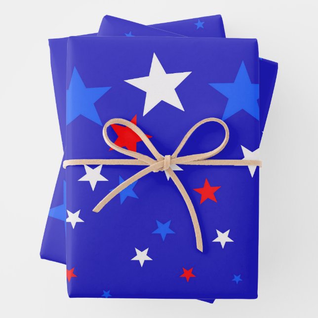 Blaue, rote und weiße Sternmuster Geschenkpapier Set (Beispiel)