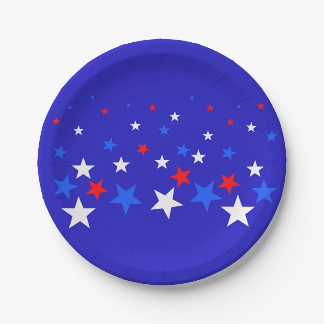 Blaue, rote und weiße Sternmuster Pappteller (Vorderseite)