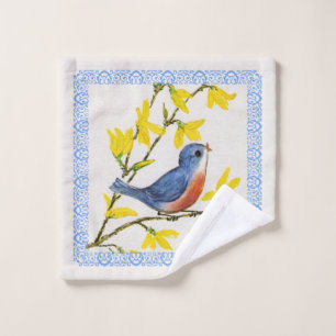 Blaue Rote Vogelgelbe Blumen Blauer Rand Waschlappen
