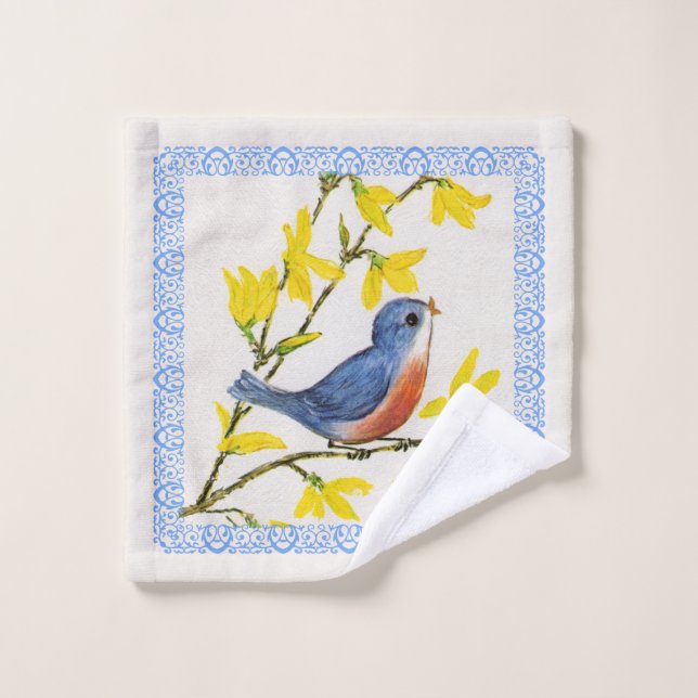 Blaue Rote Vogelgelbe Blumen Blauer Rand Waschlappen (Waschlappen)