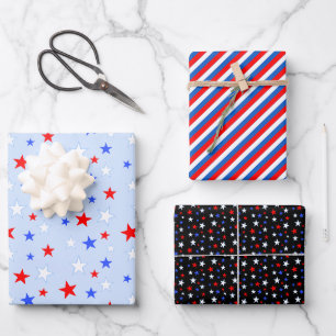 Blaue Rote Weiße Sterne und Streifen Geschenkpapier Set