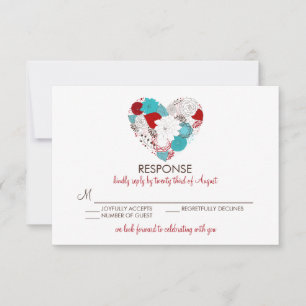 Blaue rote wunderliche florale Herz-Hochzeits-RSVP RSVP Karte