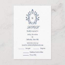 blaue RSVP-Karte Monogramm mit 2 Menüwahlmöglichke Begleitkarte