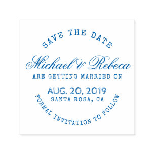 Blaue Rundtypografie Rustikale Save the Date Hochz Permastempel