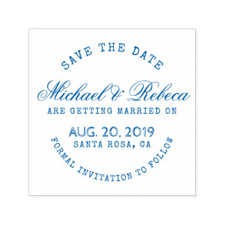 Blaue Rundtypografie Rustikale Save the Date Hochz Permastempel