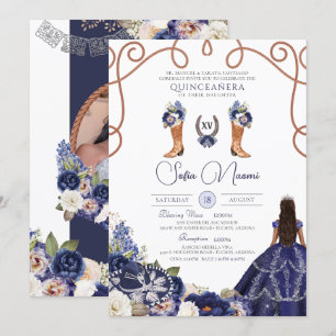 Blaue rustikale Blumen-Charro-Foto-Quinceañera Einladung