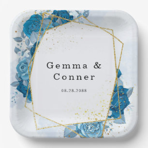 Blaue rustikale geometrische Blumenhochzeit Pappteller