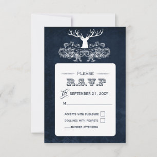 Blaue Rustikale Geweihhirsch-Winter-Waldhochzeit RSVP Karte