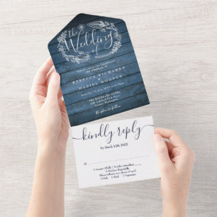 Blaue Rustikale Hochzeit von Blumengarnen All In One Einladung