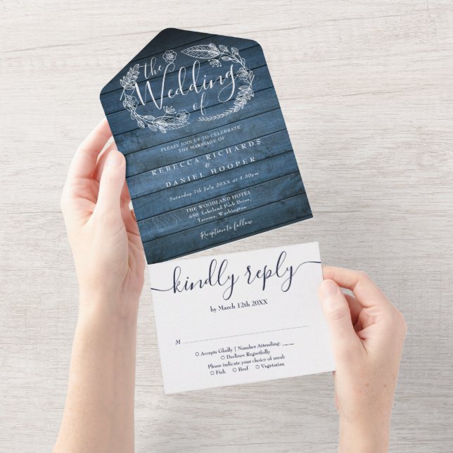 Blaue Rustikale Hochzeit von Blumengarnen All In One Einladung (Abreißen)